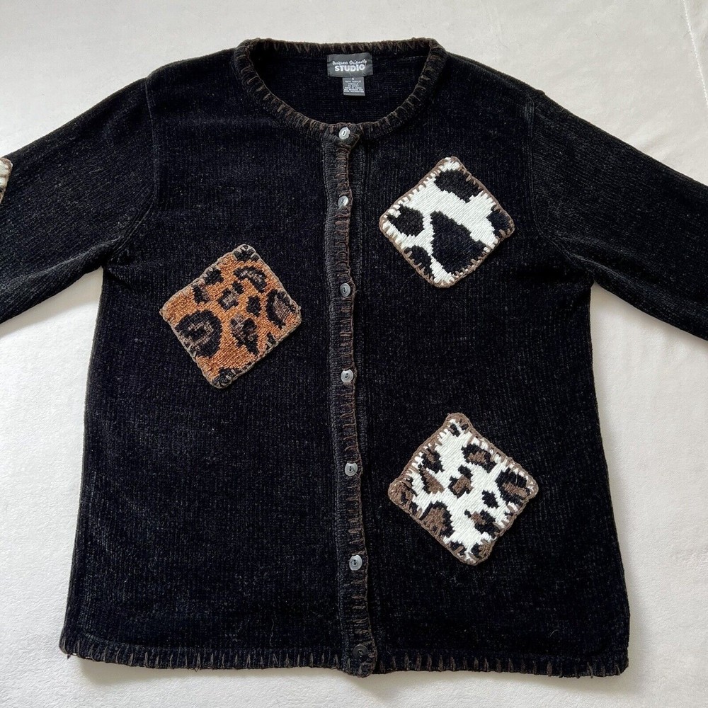 Vintage 80s 90s Women’s S Small Black Chenille Grannycore Sweater Cow Cheetah